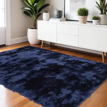 4' X 6' Blue And Black Shag Tufted Handmade Area Rug