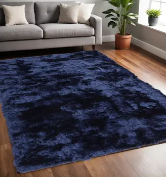 5' X 8' Blue And Black Shag Tufted Handmade Area Rug