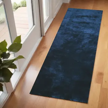 6' Blue And Black Shag Hand Tufted Runner Rug