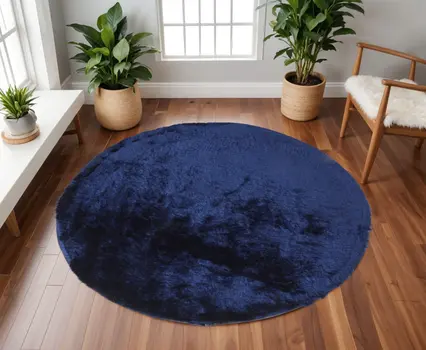 8' Blue and Black Shag Hand Tufted Round Rug