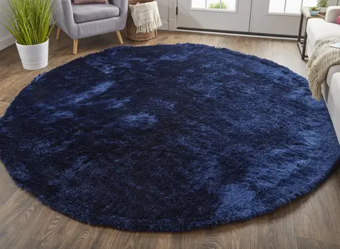 8' Blue and Black Shag Hand Tufted Round Rug