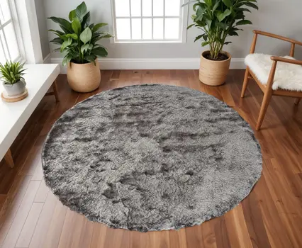 8' Gray and Black Shag Hand Tufted Round Rug