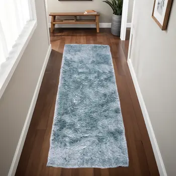 6' Blue And Silver Shag Tufted Handmade Runner Rug