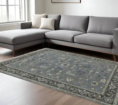 8' X 10' Blue Gray And Taupe Wool Floral Hand Knotted Stain Resistant Area Rug