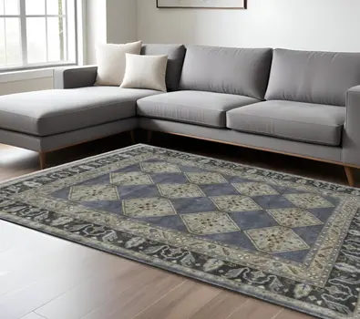 10' X 13' Blue Gray And Taupe Wool Floral Hand Knotted Stain Resistant Area Rug