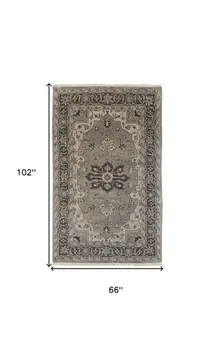 5' X 8' Gray Taupe And Blue Wool Floral Hand Knotted Stain Resistant Area Rug