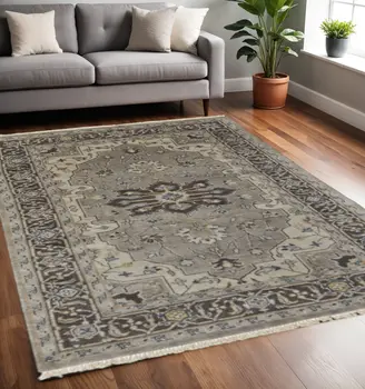 5' X 8' Gray Taupe And Blue Wool Floral Hand Knotted Stain Resistant Area Rug