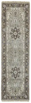 8' Beige Blue and Gray Medallion Hand Knotted Runner Rug With Fringe