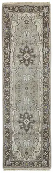 8' Beige Blue and Gray Medallion Hand Knotted Runner Rug With Fringe