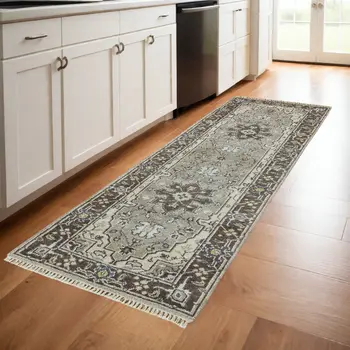 8' Beige Blue and Gray Medallion Hand Knotted Runner Rug With Fringe