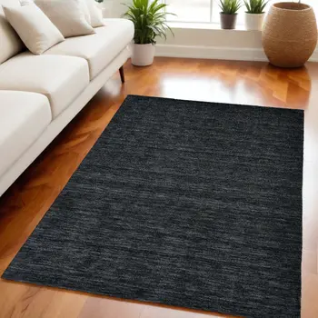 5' X 8' Black Wool Hand Woven Area Rug