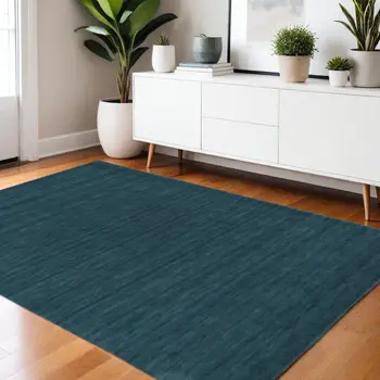 4' X 6' Blue And Green Wool Hand Woven Stain Resistant Area Rug