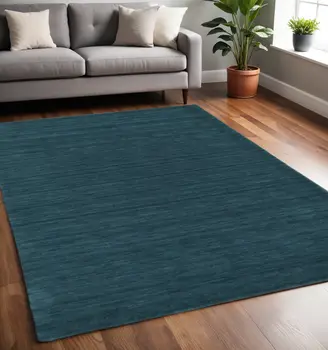 5' X 8' Blue And Green Wool Hand Woven Stain Resistant Area Rug