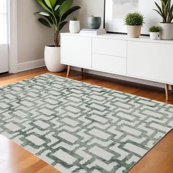 4' X 6' Ivory And Green Wool Geometric Tufted Handmade Area Rug