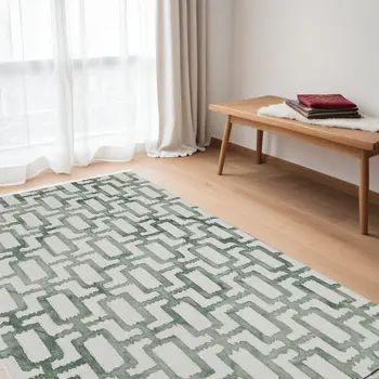 5' X 8' Green and Ivory Wool Geometric Hand Tufted Area Rug