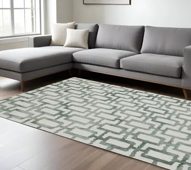 8' X 11' Ivory And Green Wool Geometric Tufted Handmade Area Rug