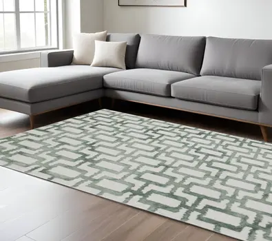 10' X 13' Ivory And Green Wool Geometric Tufted Handmade Area Rug