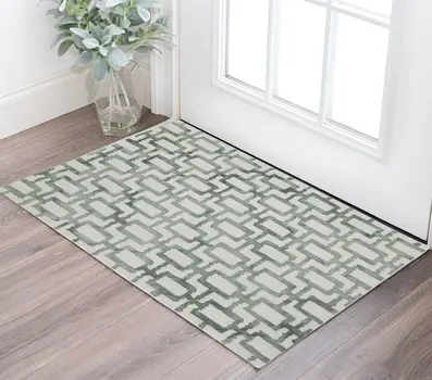 2' X 3' Ivory And Green Wool Geometric Tufted Handmade Area Rug