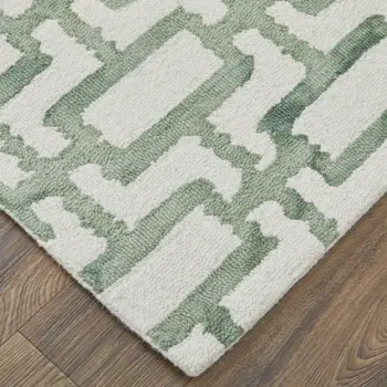 2' X 3' Ivory And Green Wool Geometric Tufted Handmade Area Rug