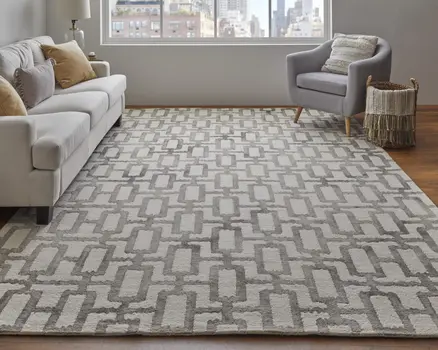 5' X 8' Ivory And Taupe Wool Geometric Tufted Handmade Area Rug