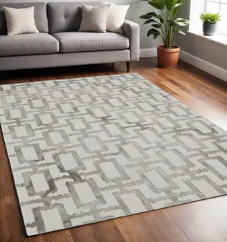 5' X 8' Ivory And Taupe Wool Geometric Tufted Handmade Area Rug