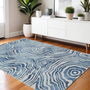 4' X 6' Blue And Ivory Wool Geometric Tufted Handmade Area Rug