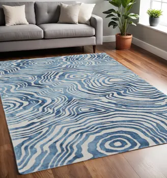 5' X 8' Blue And Ivory Wool Geometric Tufted Handmade Area Rug