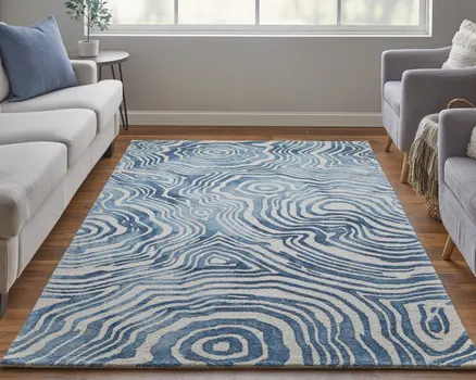 5' X 8' Blue And Ivory Wool Geometric Tufted Handmade Area Rug