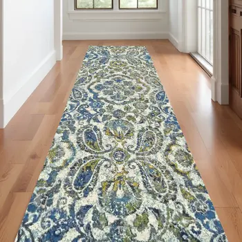 10' Ivory Blue And Green Floral Stain Resistant Runner Rug