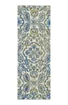 10' Ivory Blue And Green Floral Stain Resistant Runner Rug