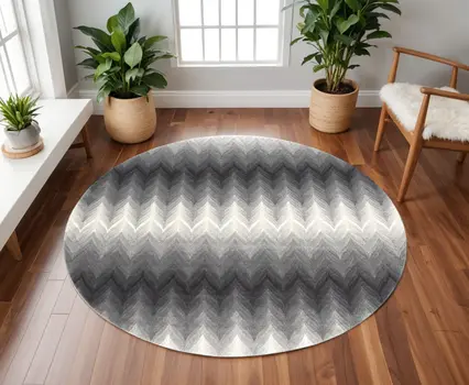8' Gray And White Round Geometric Stain Resistant Area Rug