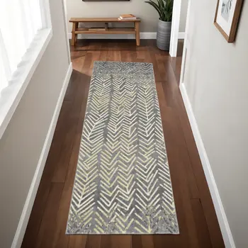 8' Gray and Yellow Geometric Power Loom Distressed Runner Rug