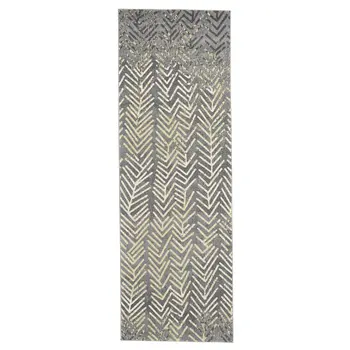 8' Gray and Yellow Geometric Power Loom Distressed Runner Rug