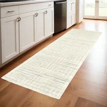 8' Ivory Geometric Hand Woven Runner Rug