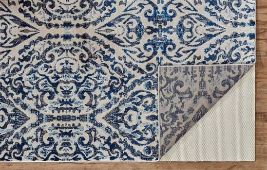 7' X 10' Blue and Ivory Floral Distressed Non Skid Area Rug