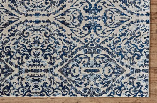 7' X 10' Blue and Ivory Floral Distressed Non Skid Area Rug