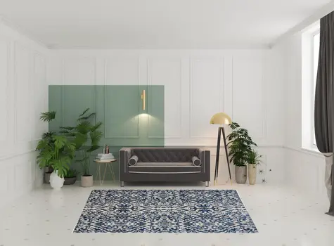 7' X 10' Blue and Ivory Floral Distressed Non Skid Area Rug