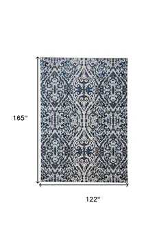 10' X 14' Blue Ivory And Black Floral Distressed Stain Resistant Area Rug