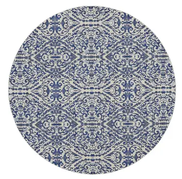 9' Blue and Ivory Round Floral Distressed Area Rug