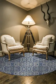 9' Blue and Ivory Round Floral Distressed Area Rug