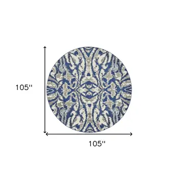 9' Blue and Ivory Round Ikat Distressed Area Rug