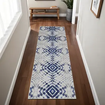 8' Ivory Blue And Gray Abstract Distressed Stain Resistant Runner Rug