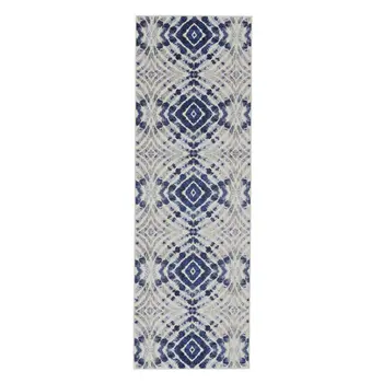 8' Ivory Blue And Gray Abstract Distressed Stain Resistant Runner Rug