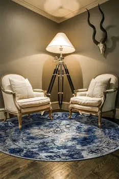 9' Blue And Ivory Floral Distressed Round Rug
