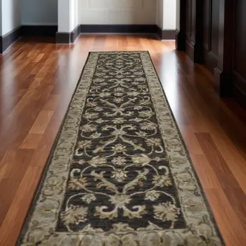 10' Gray and Ivory Wool Floral Hand Tufted Runner Rug