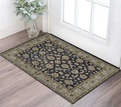 2' X 3' Blue Gray And Taupe Wool Floral Tufted Handmade Stain Resistant Area Rug