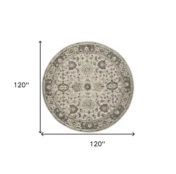 10' Gray Ivory And Taupe Round Wool Floral Tufted Handmade Stain Resistant Area Rug