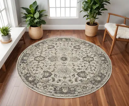 10' Gray Ivory And Taupe Round Wool Floral Tufted Handmade Stain Resistant Area Rug