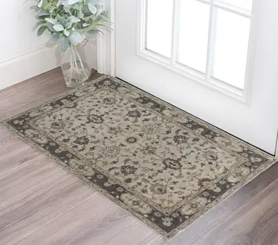 2' X 3' Gray Ivory And Taupe Wool Floral Tufted Handmade Stain Resistant Area Rug