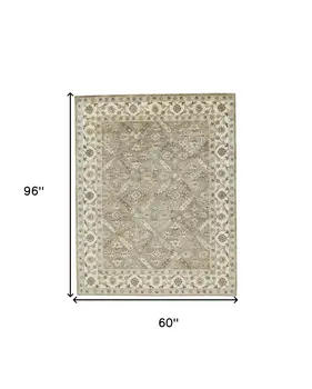 5' X 8' Green Brown And Taupe Wool Paisley Tufted Handmade Stain Resistant Area Rug
